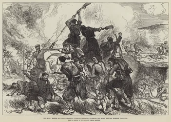 Der Krieg, Schlacht von Karahassankoi, türkische Infanterie stürmt die erste Linie der russischen Schützengräben